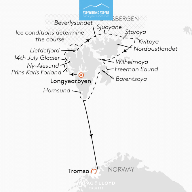 Route Spitsbergen expeditiecruise van Longyearbyen naar Tromso via Svalbard en Kvitoya zomer 2026